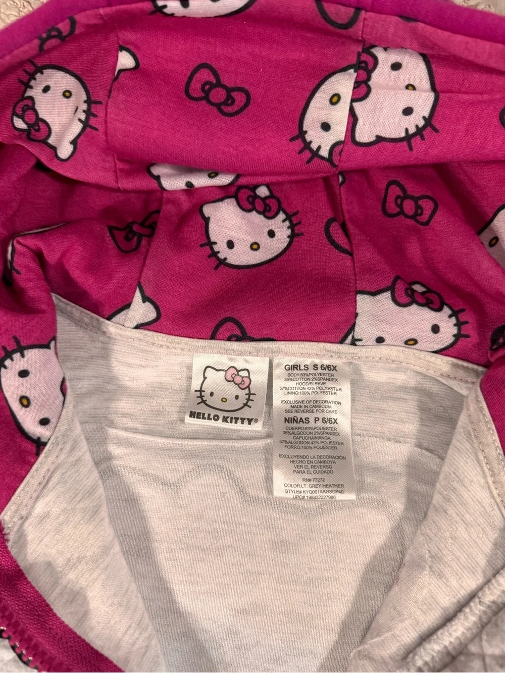 Hello Kitty Pink, White & Black Quilted Hooded Zip Jacket